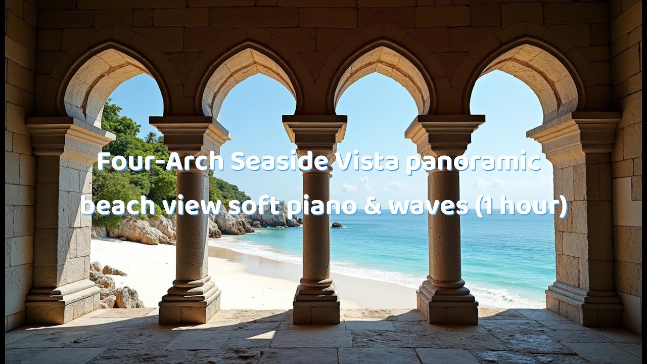 Four‑Arch Seaside Vista — panoramic beach view soft piano & waves (1 hour)