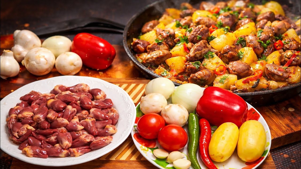 Easy Homemade Chicken Hearts with Mushrooms and Potatoes