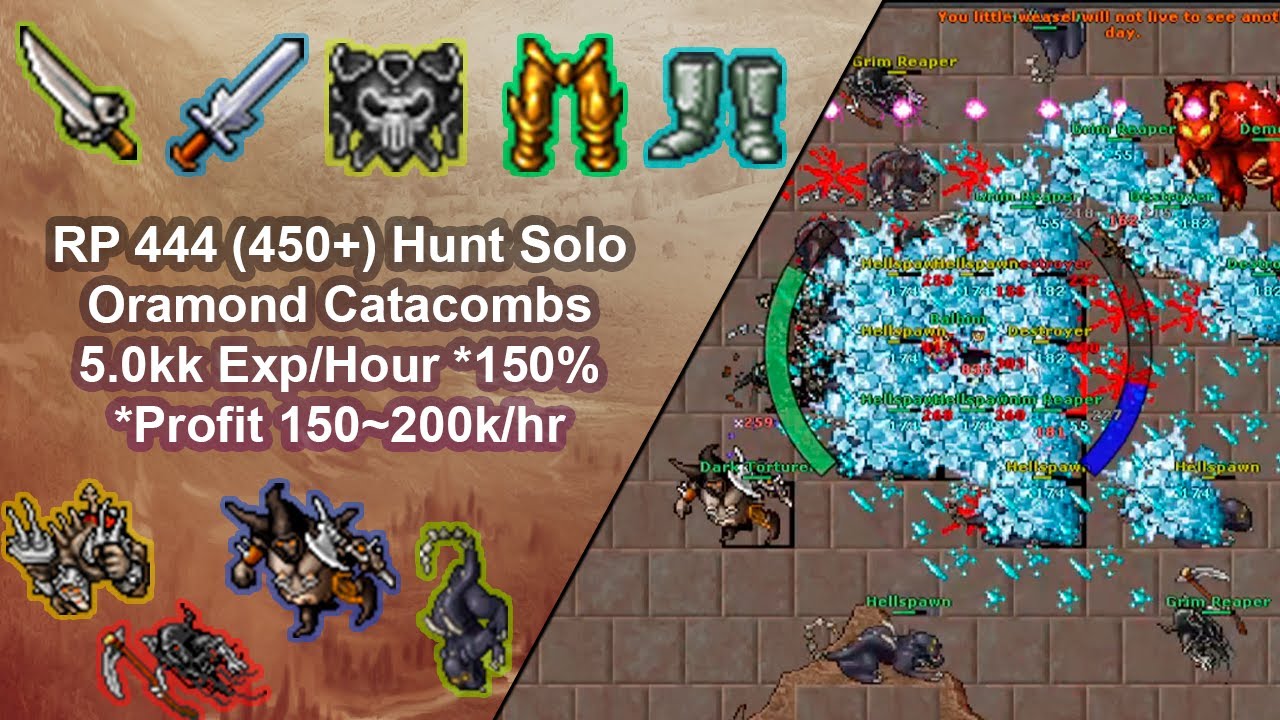 Tibia Royal Paladin 444 (450+) Solo Hunt /Oramond Catacombs / 5.0kkExp/Hour 150% *Profit 150~200k/hr
