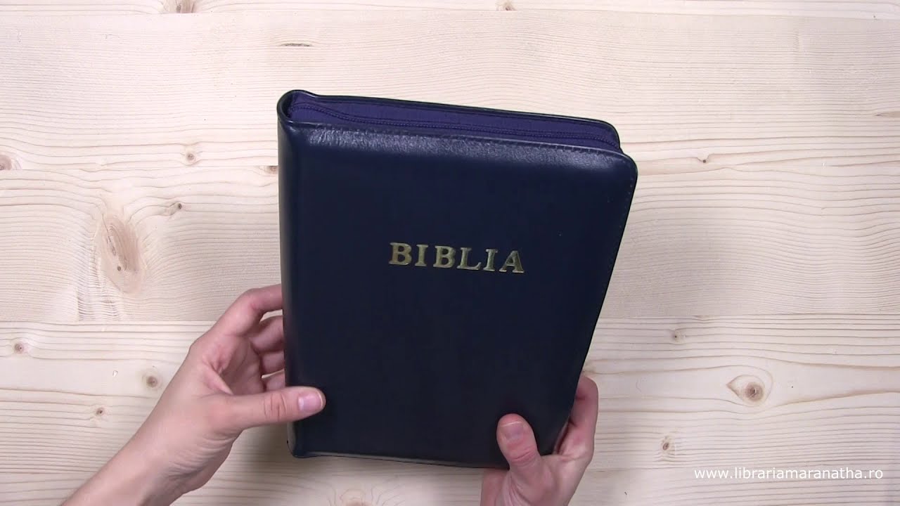 Biblia cu ilustratii, piele, bleumarin, fermoar, margini aurii, traducere Cornilescu
