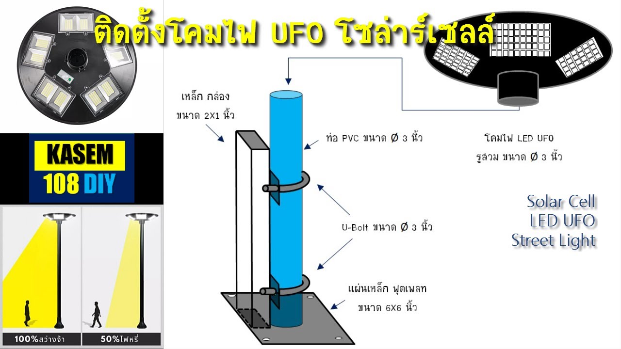 ติดตั้งโคมไฟ LED UFO โซล่าร์เซลล์ - Install solar UFO LED lamps