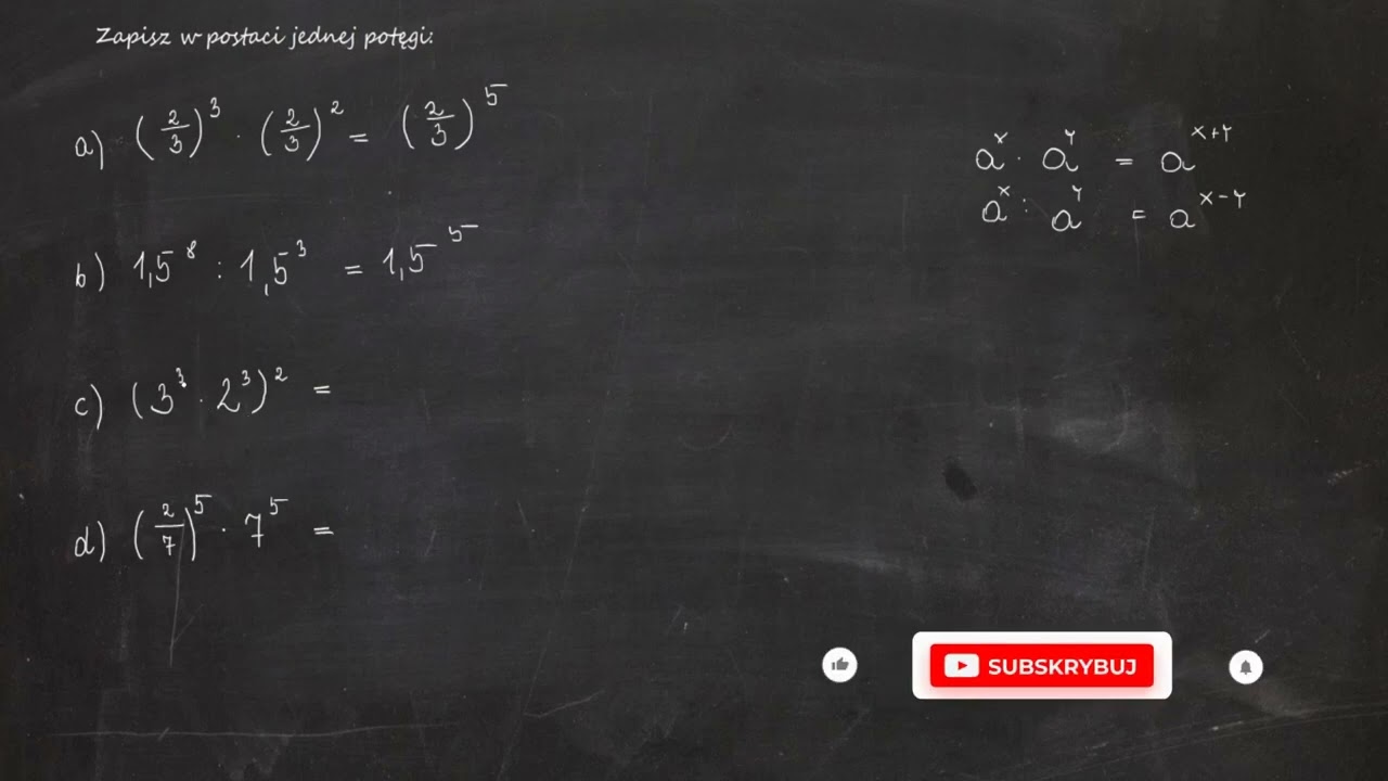 Zapisz w postaci jednej potęgi: a) (2\3)&sup3;&middot; (2\3)&sup2;b) 1,5^8:1,5^&sup3;c) (3&sup3;&middot; 2&sup3;)&sup2;