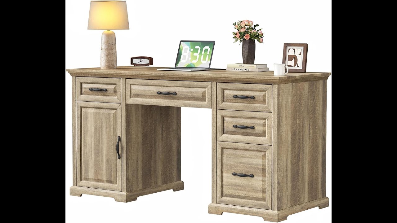 Marsail 60″ Farmhouse Executive Desk, Home Office Desk with Storage Cabinet, Charging