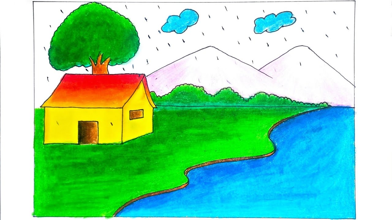 Beautiful Nature Scenery Drawing 🌄 | Rainy Season Drawing 🌧️| Landscape Drawing Easy | Step by step