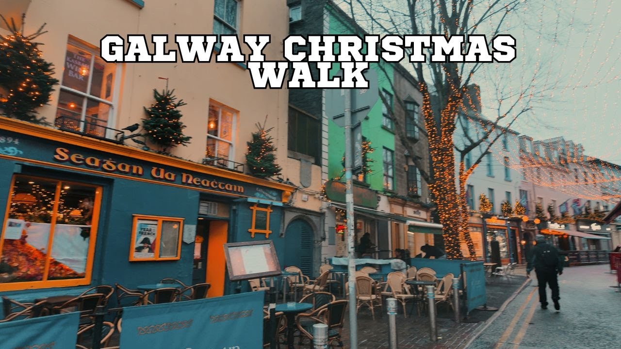 Galway City Centre Walk | Rainy Day Christmas Decorations | Eyre Square to Spanish Arch (4K)