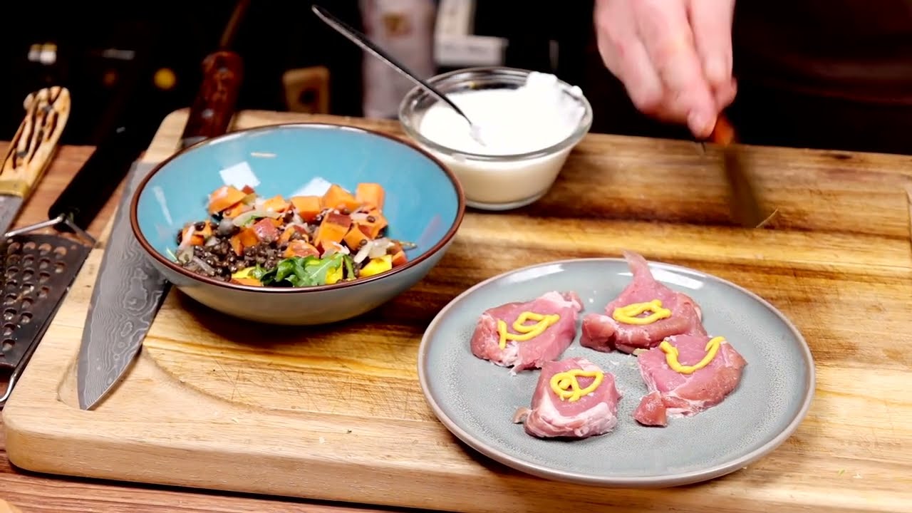 Svinemørbrad i sennep og med lækker linsesalat