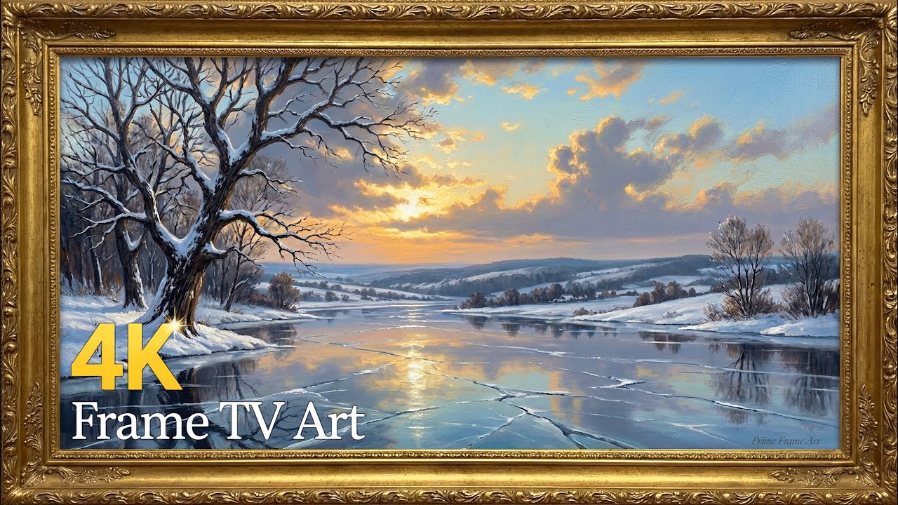 Vintage Winter River Landscape | Gold Frame TV Art | Impasto Oil Painting Screensaver 4K