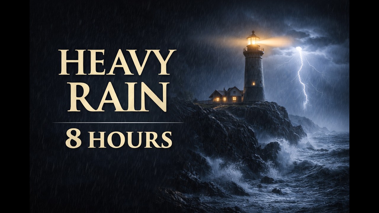 Heavy Rain & Thunderstorm at Night 🌧 Lighthouse Storm Ambience | 8 Hours