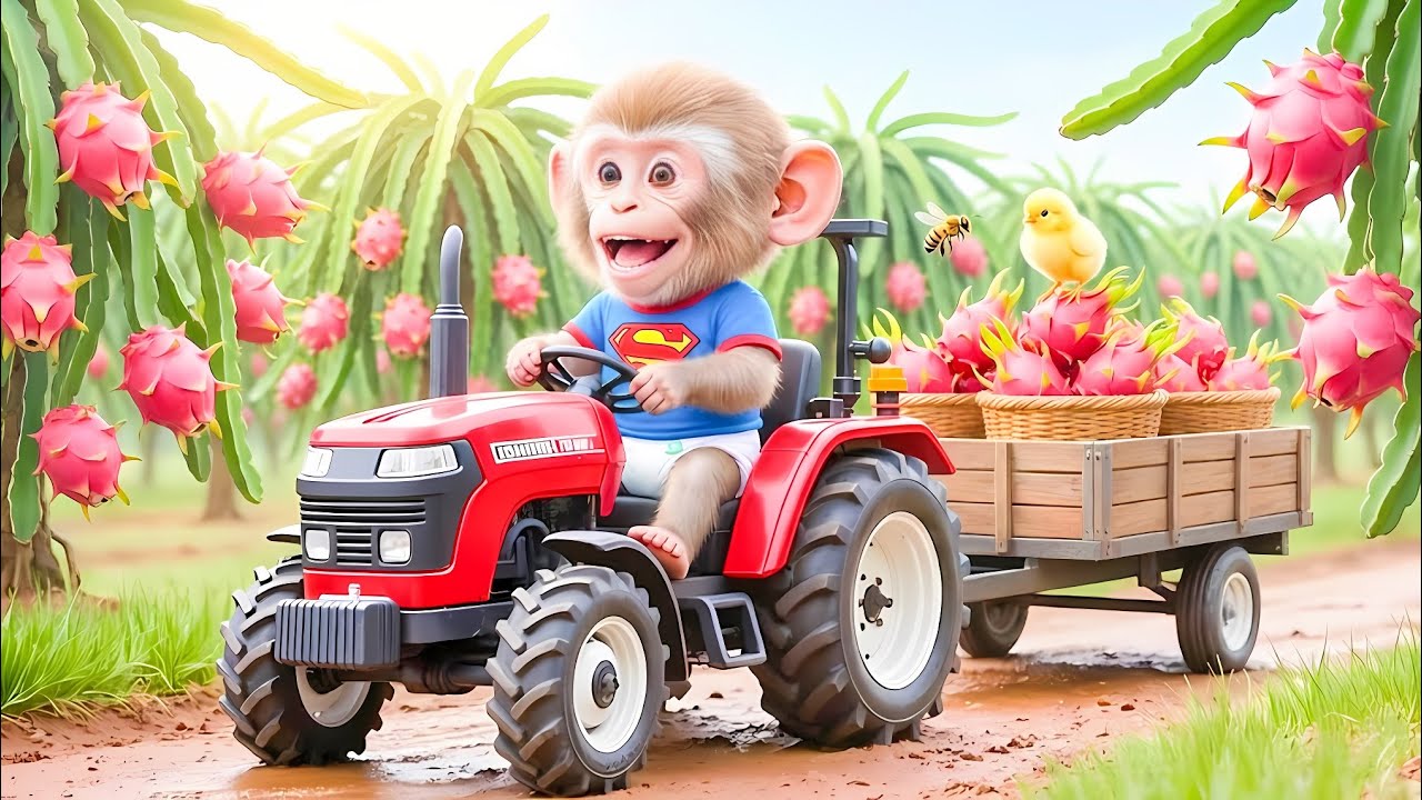 Farm monkeys drive tractors to harvest dragon fruits and take care of a bee-stung chick!