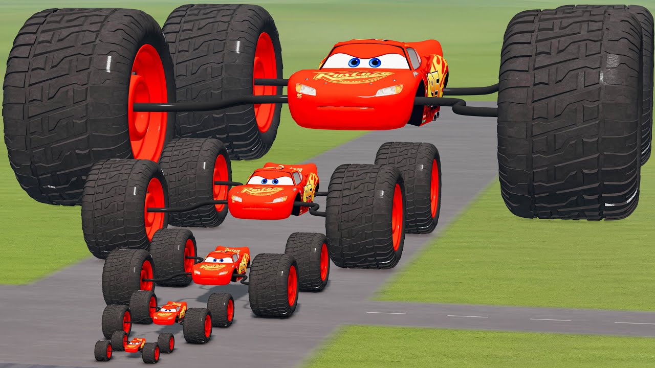 Big & Small McQueen Spider with Monster Wheels VS Train | BeamNG.drive