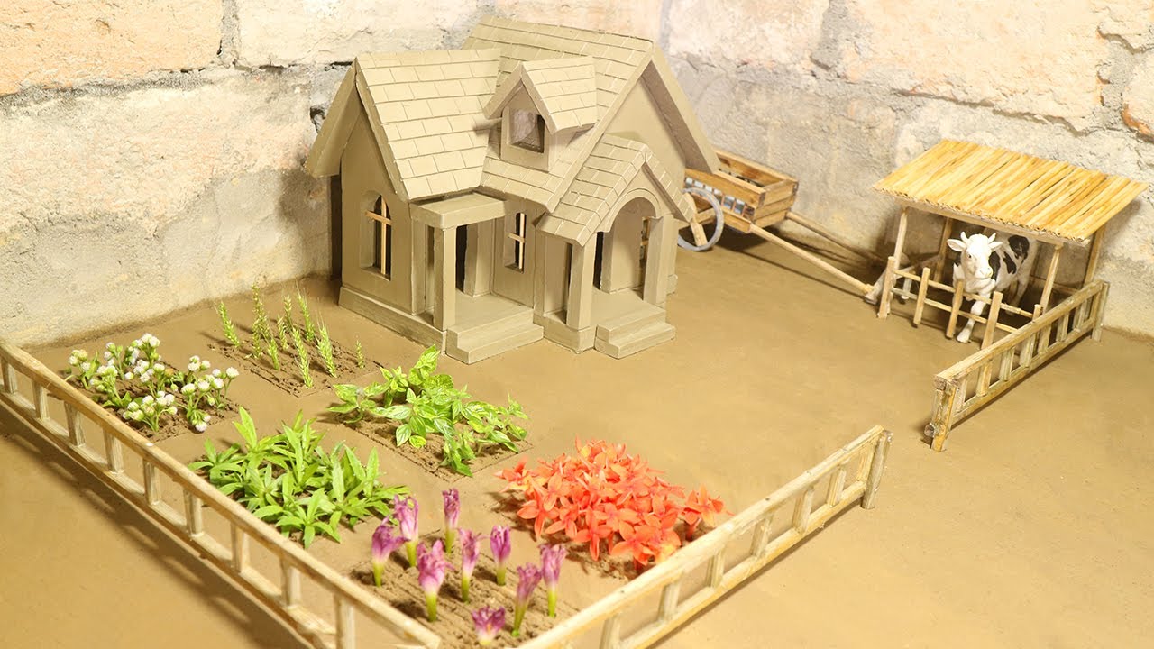 DIY Mini Clay House Project | How to make cowshed, Oxcart, fence and plant trees