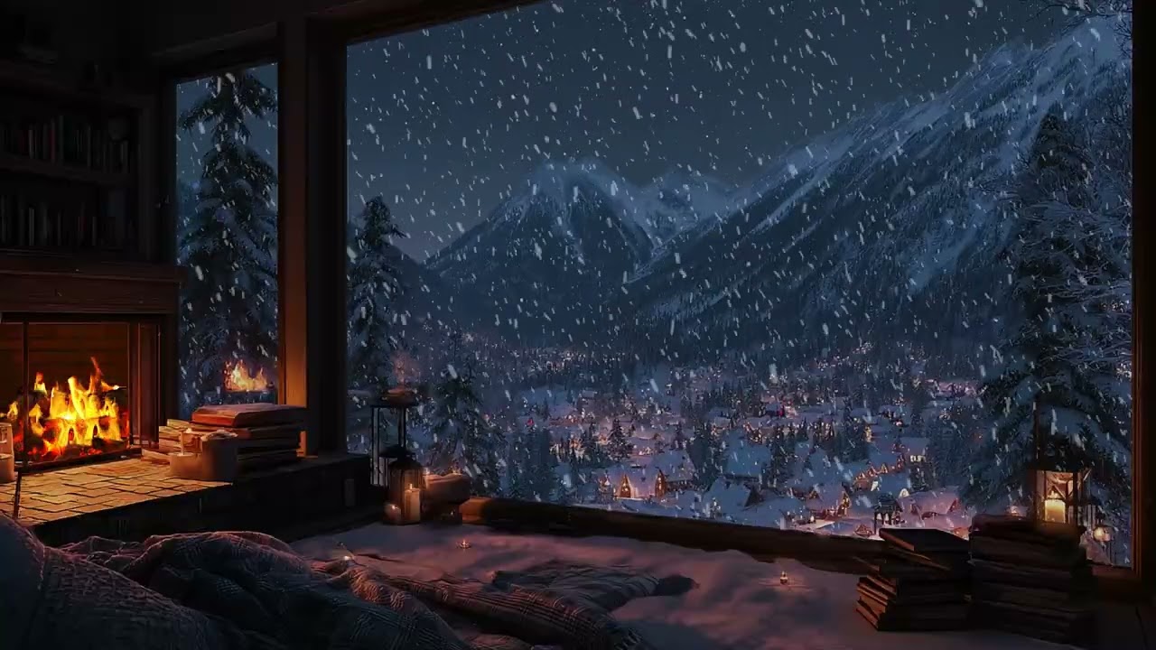 Cozy Cabin Night in the Snow ❄️ | Fireplace Heat & Soft Snowfall for Relaxing Winter Ambience