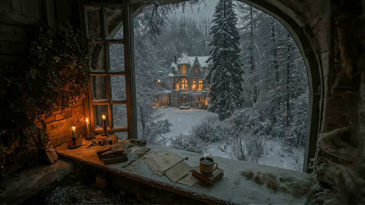 Gothic Castle Window Ambience | Dark Instrumental Academia for Reading, Studying | Snow Falling