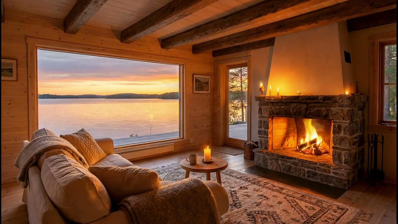 Quiet Sunset by the Lake 🔥 Cozy Fireplace Sounds