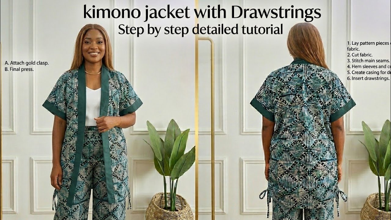 Detailed: How to make a Kimono Jacket with Drawstrings and a turn-up sleeve| Beginners friendly|DIY