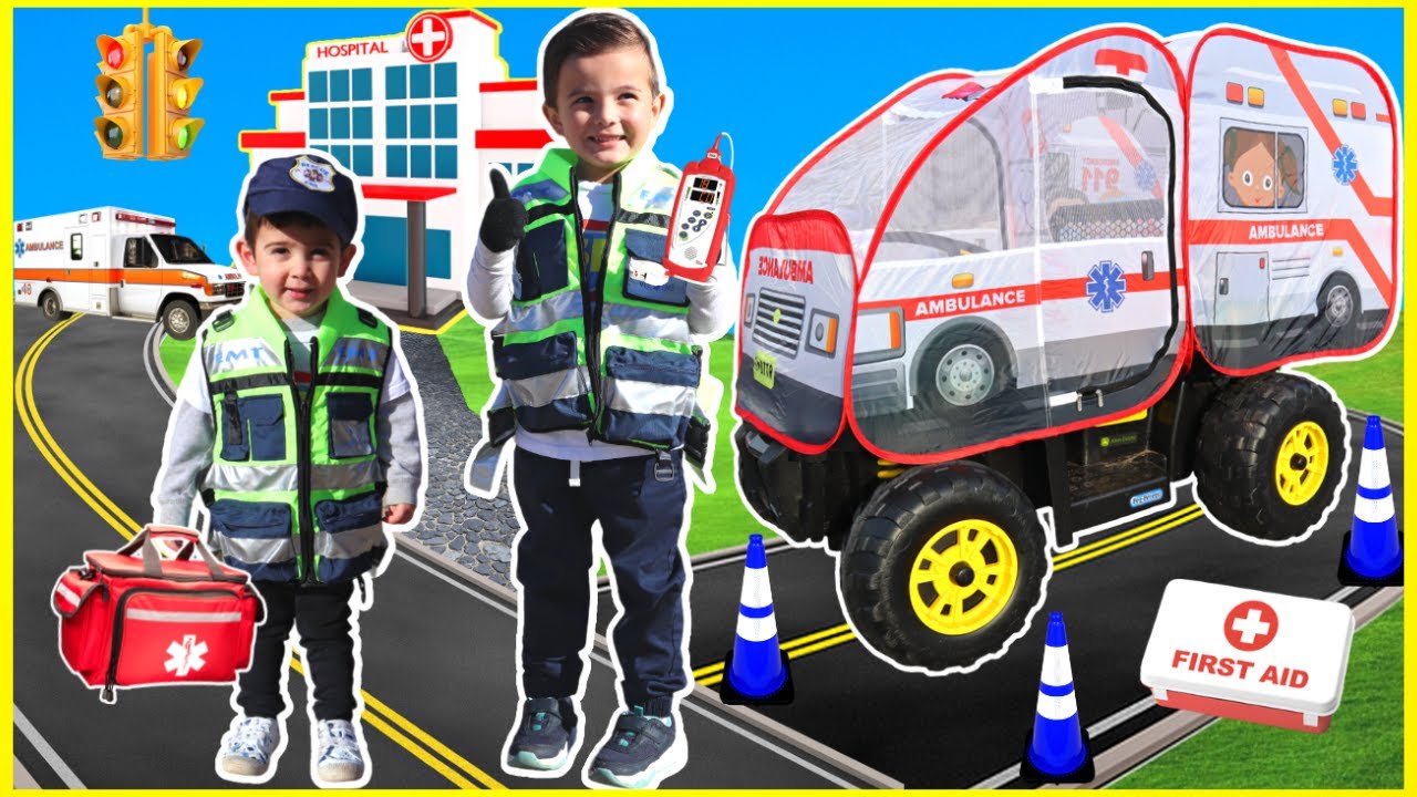 Ambulance rescue team saving toys in kids power wheels emergency rescue vehicle for toddlers