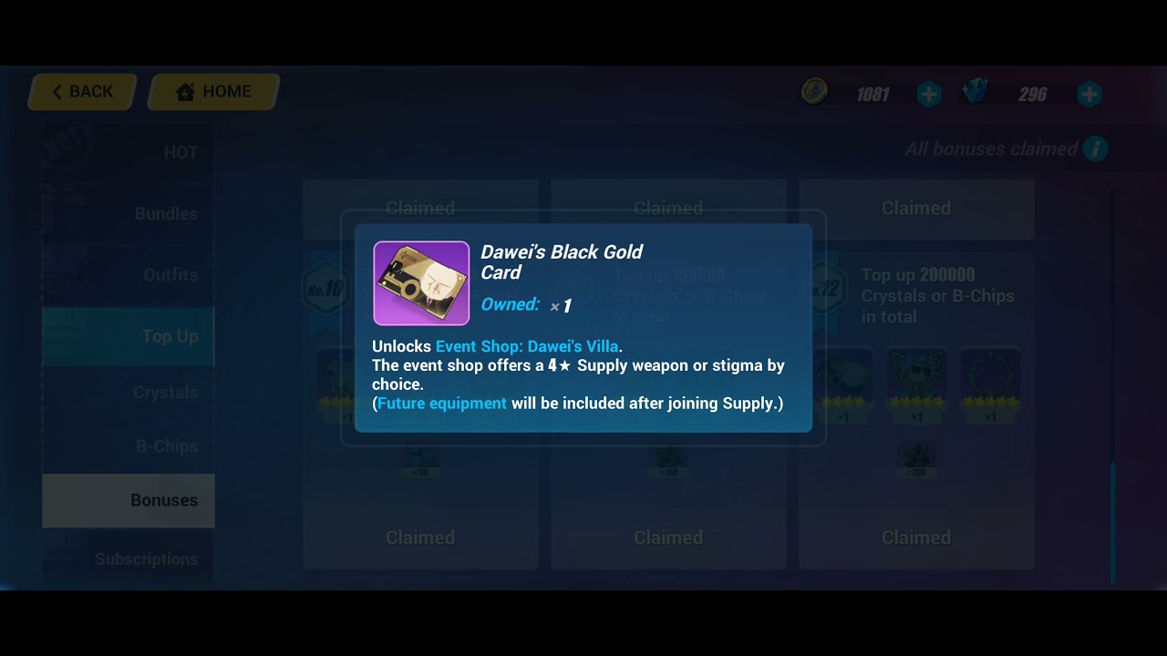 Dawei's Black Gold Card. Event shop - Dawei's Villa. Honkai Impact 3Rd