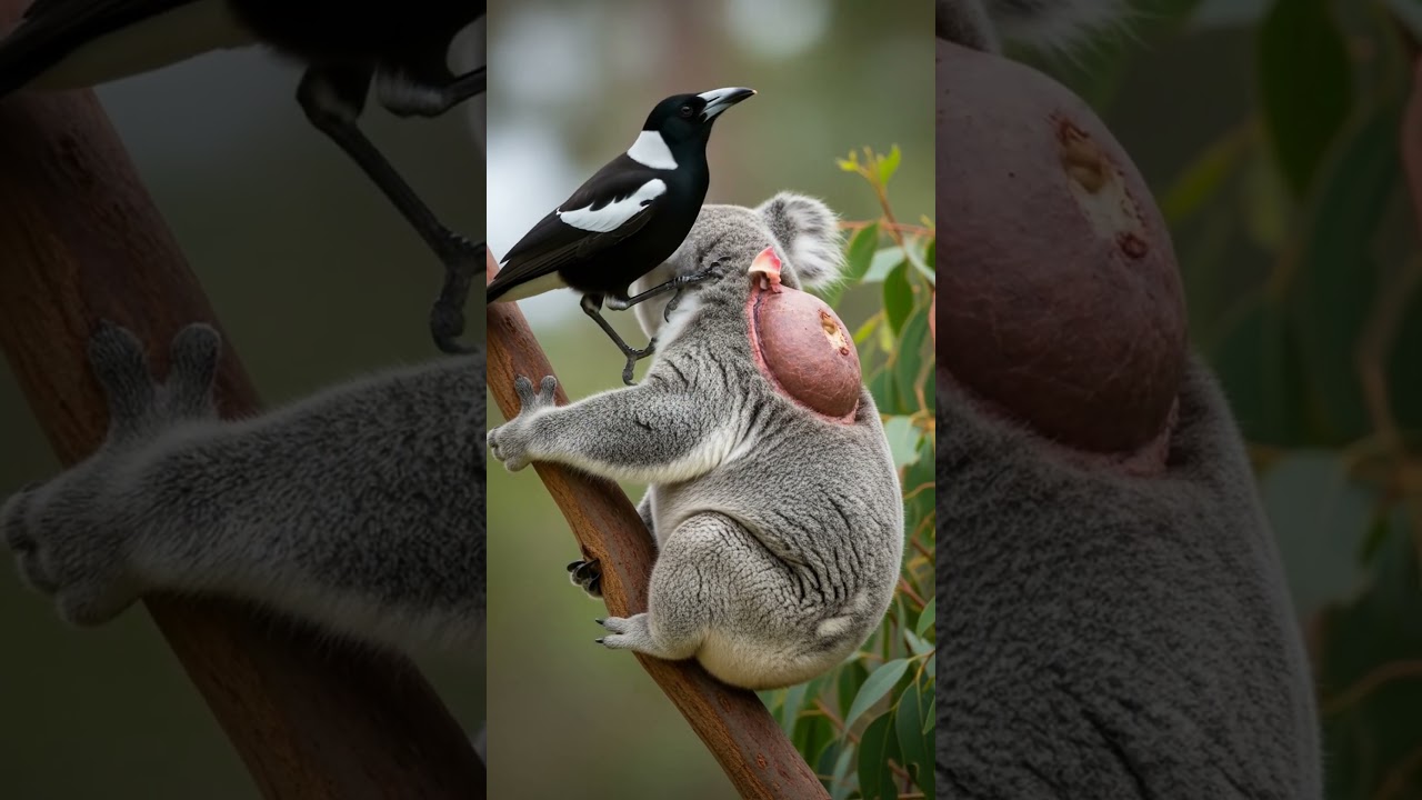 Magpie Tries to Help Injured Koala