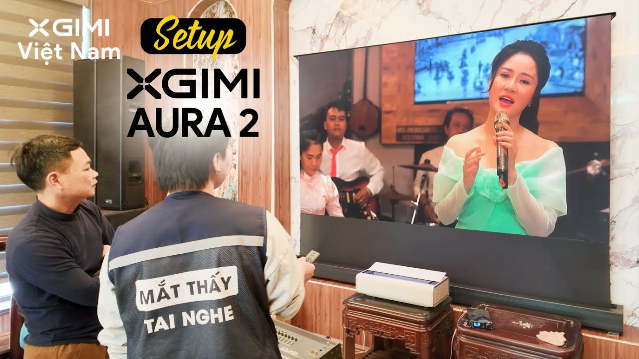 Setup M&aacute;y chiếu si&ecirc;u gần 4K XGIMI Aura 2 v&agrave; M&agrave;n chiếu để s&agrave;n quang học điện 100 inch cho ph&ograve;ng 70m2