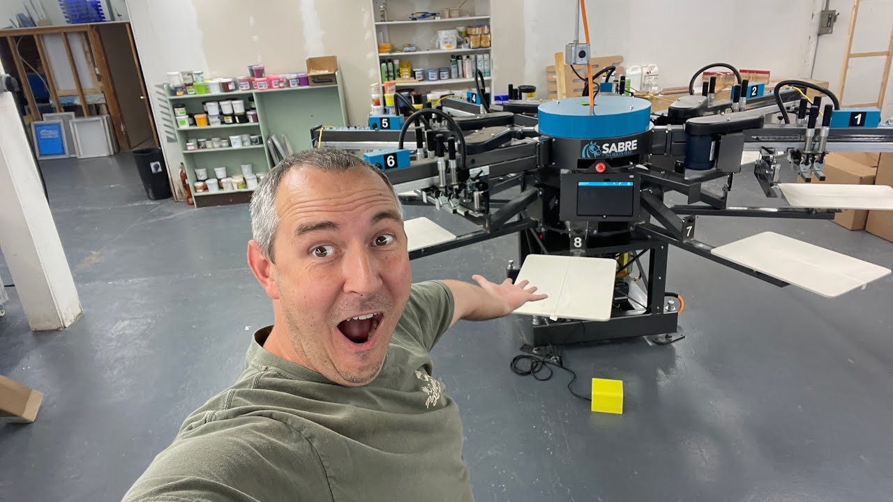 Day 1 Set Up of our Workhorse Sabre Automatic Screen Printing Press