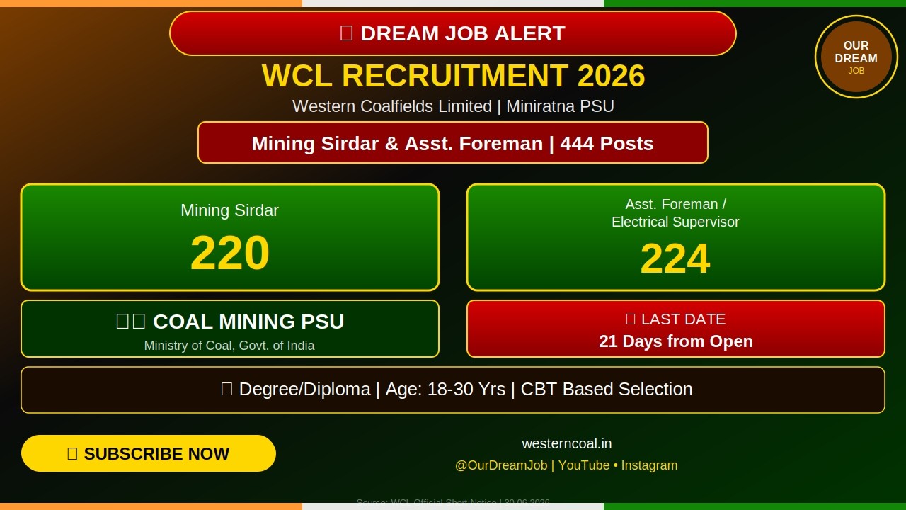 WCL Recruitment 2026 | Mining Sirdar & Asst. Foreman | 444 Posts | CBT Exam | Our Dream Job