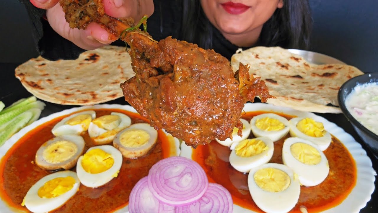 SPICY EGG MASALA AND SPICY CHICKEN WITH LACCHA PARATHA AND RAITA ASMR EATING | MUKBANG 