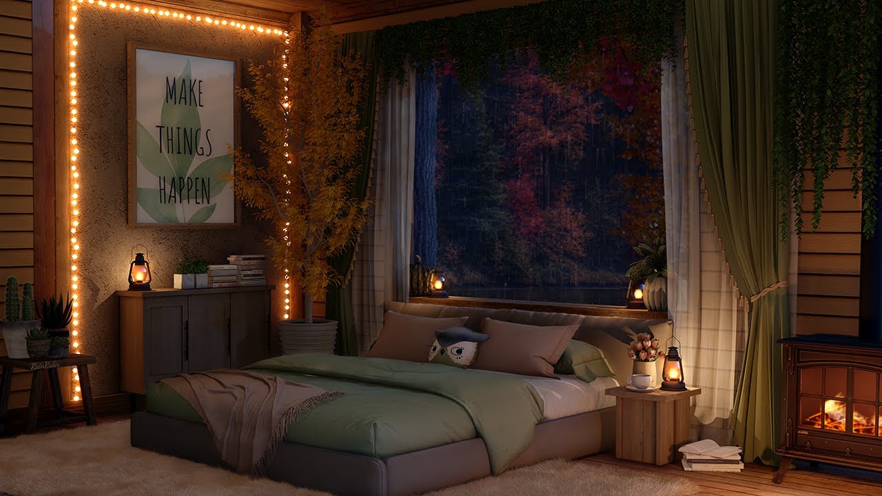Rainy Autumn Night Ambience 🍂 Crackling Fireplace and Gentle Rain on Window Sounds For Deep Sleep