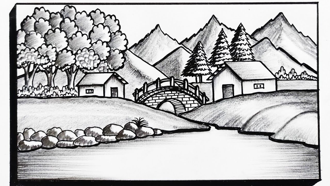 How To Draw A Simple Scenery||Village Landscape Scenery Drawing||Beautiful Mountain Nature Drawing