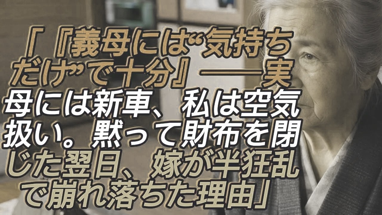 「『義母には“気持ちだけ”で十分』──実母には新車、私は空気扱い。黙って財布を閉じた翌日、嫁が半狂乱で崩れ落ちた理由」
