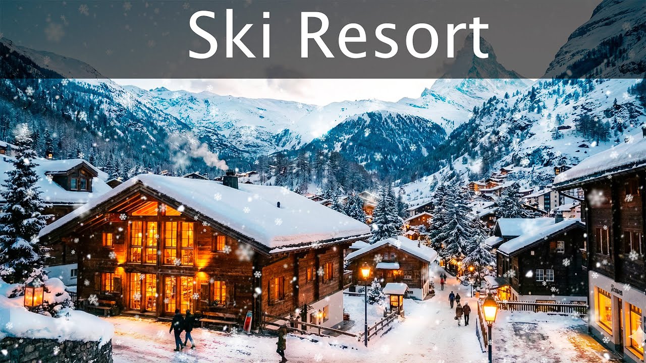 Alpine Ski Resort Evening 🏔️✨ Cozy Winter Ambience, Snowy Village Lights & Relaxing Music