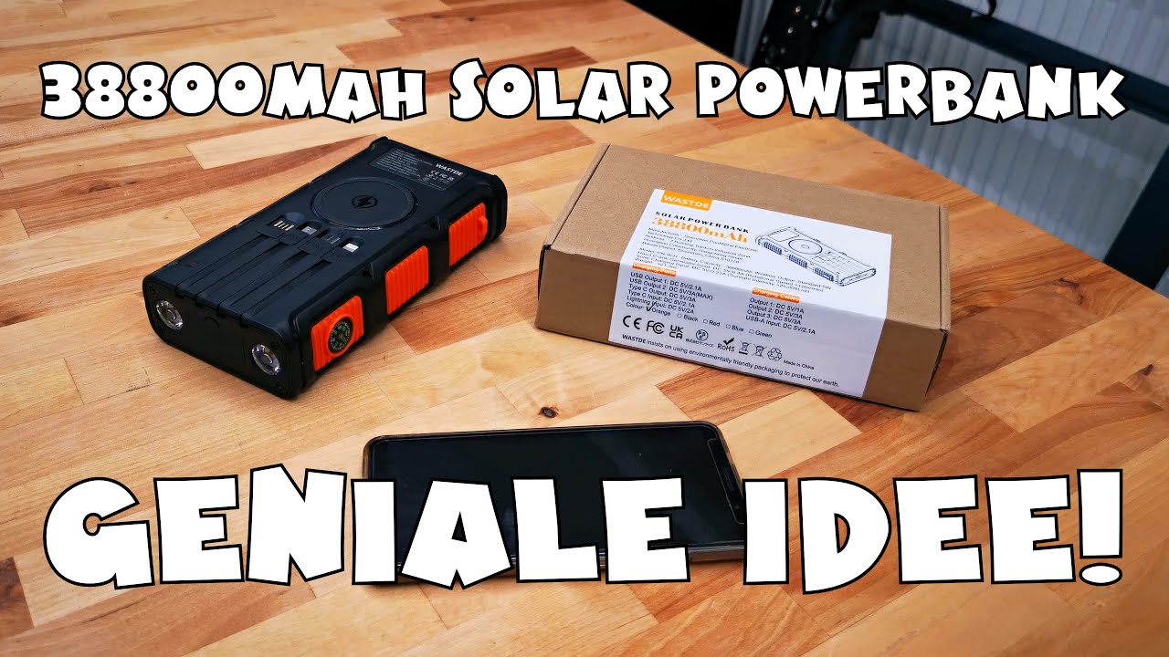 WASTDE Wireless Solar Powerbank 38800mAh mit Handkurbel & 4 Kabel