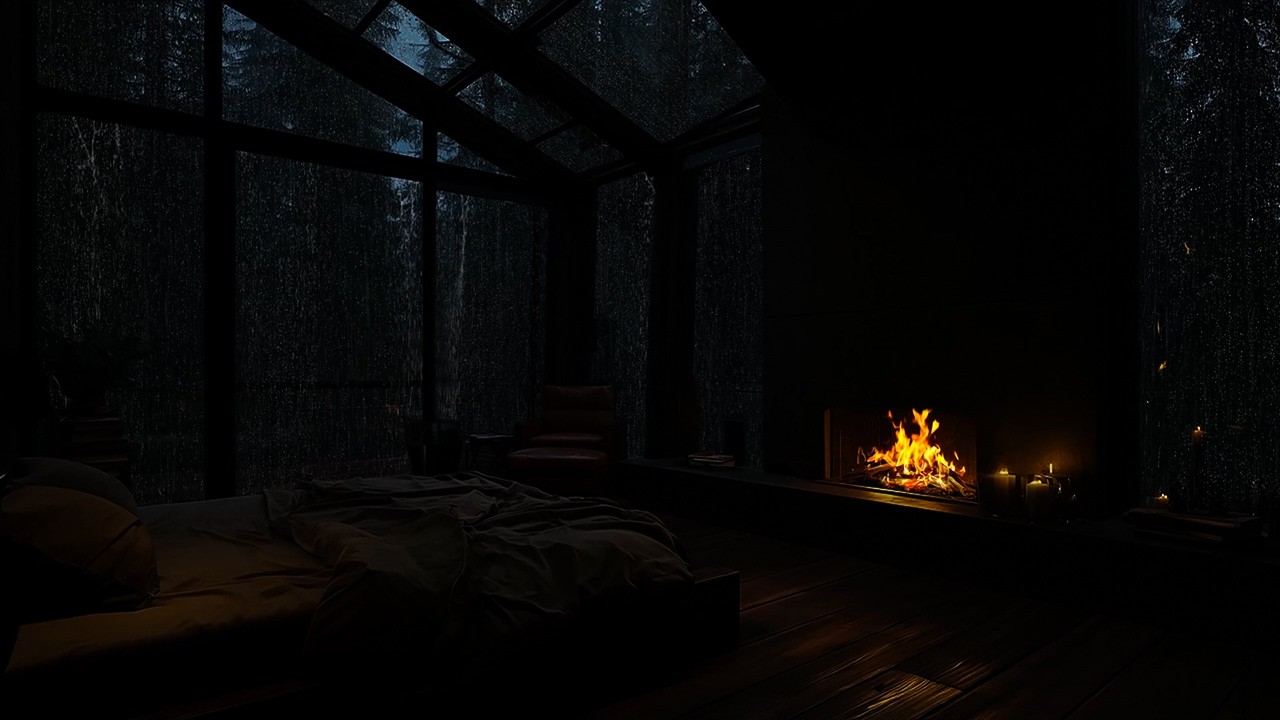 No Ads Crackling Fire | Best Rain in the Bedroom at Night | Sleep Deeply with Rain Sounds