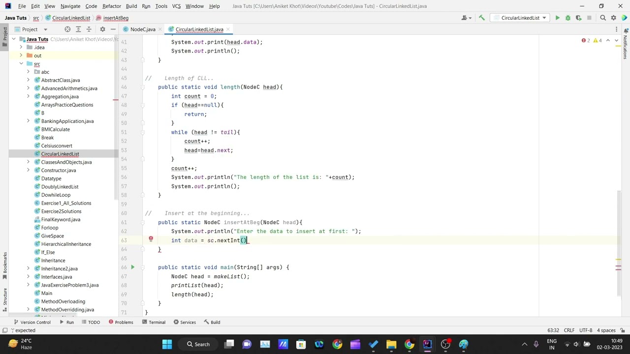 Insert at the beginning of the circular linked list in Java