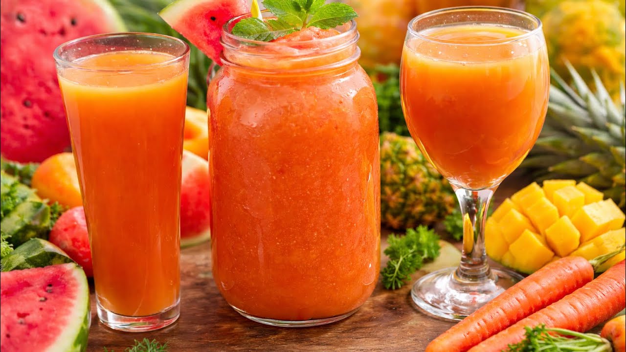 How to Make Tropical Glow Juice | Fresh & Healthy Fruit Blend at home 🍍🍉🥭🥕 #tropical  #juice #food 