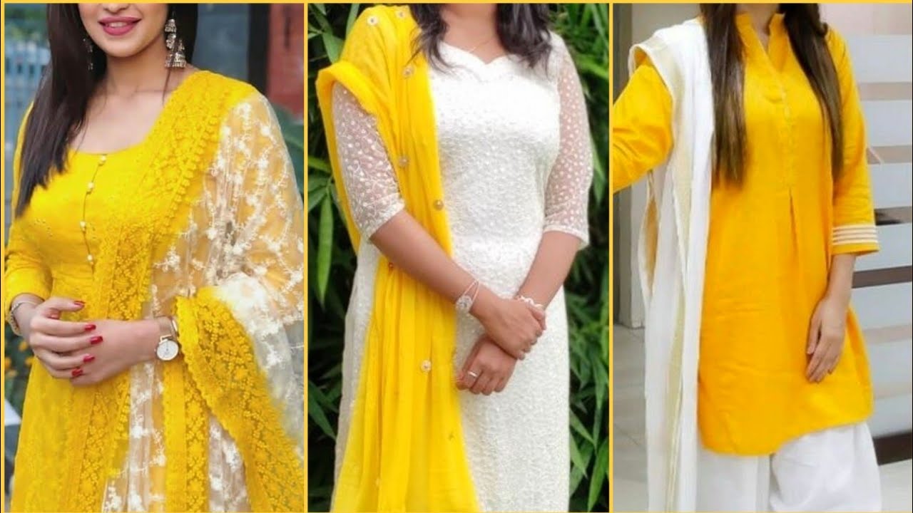 2020 #Yellow and White Kurti Design|Yellow And White Contrast Suit|Yellow And White Combination Suit
