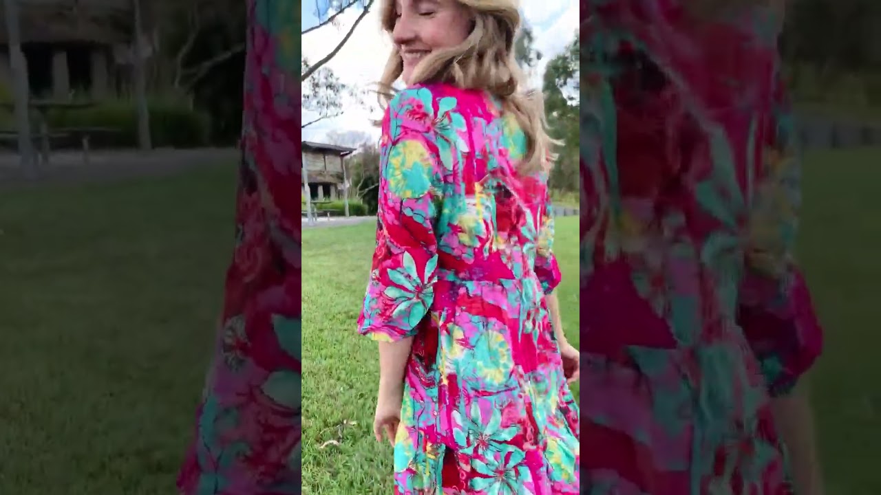 I Love Tunics presents Rebecca Pink Aqua Tie Neck Tunic Dress