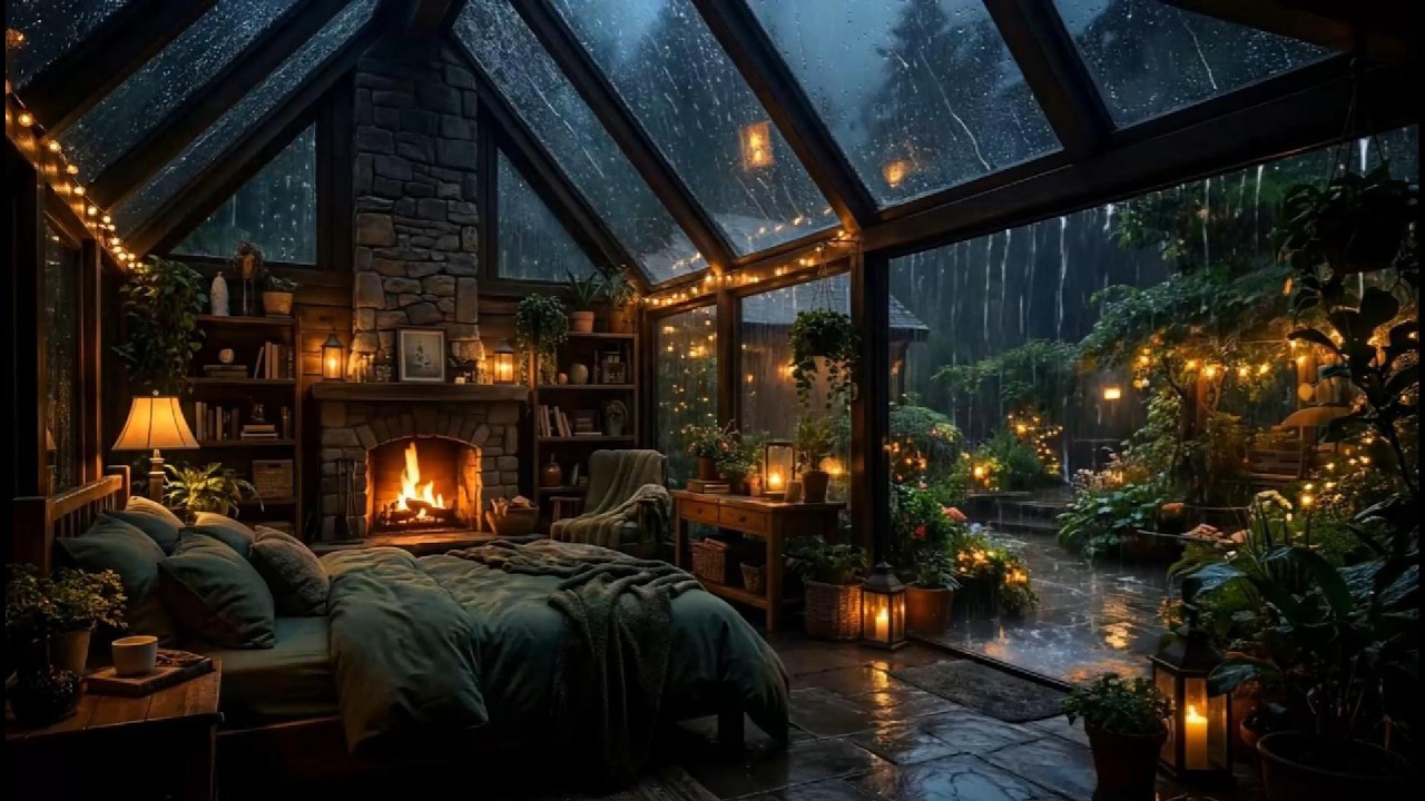 Тяжелый дождь и камин звучит 10H расслабляющий кабина спальня Ambience