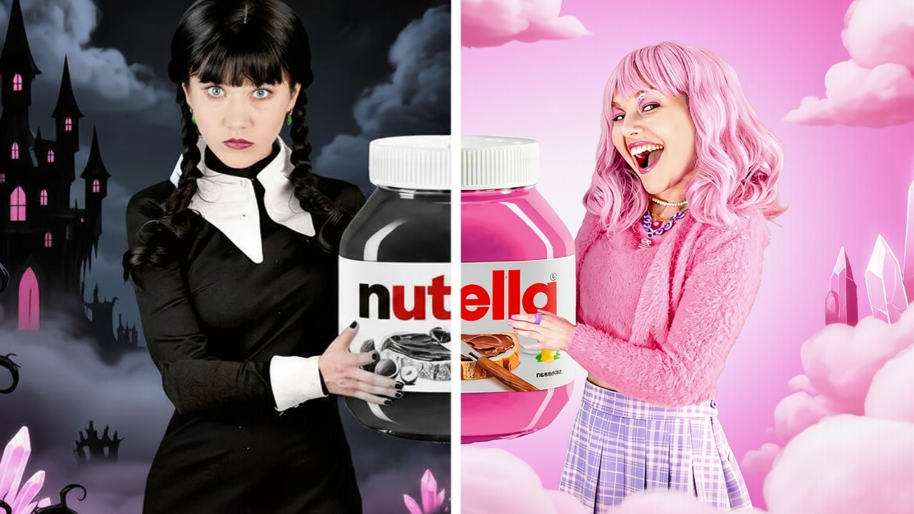 PINK VS BLACK Food Challenge - Wednesday VS Enid Eating Only 1 Color Snacks Challenge