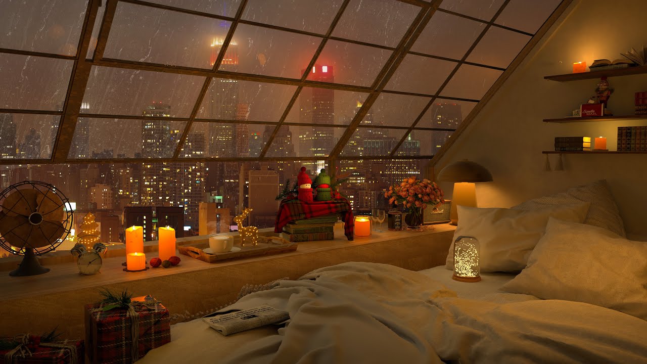 Heavy Rain by the window in Cozy Bedroom 4K with Relaxing Music for Sleep, Work and Study