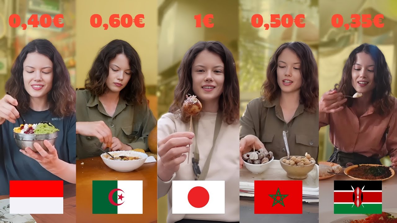 Dans quel pays mange t-on le mieux avec 1€ ? 🇰🇪 🇱🇧 🇩🇿 🇮🇩 🇲🇦🇯🇵