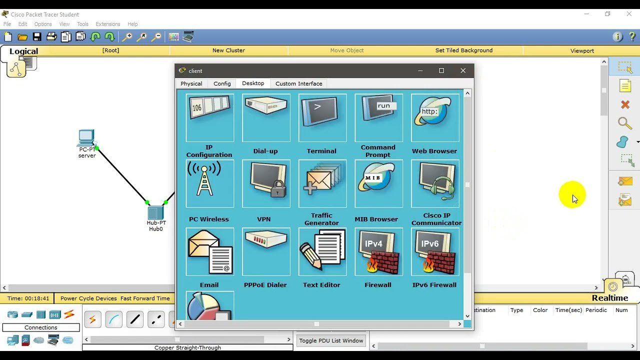 شرح الجزء العملي على برنامج Cisco Packet Tracer تكوين شبكة محلية بواسطة المجمع HUB
