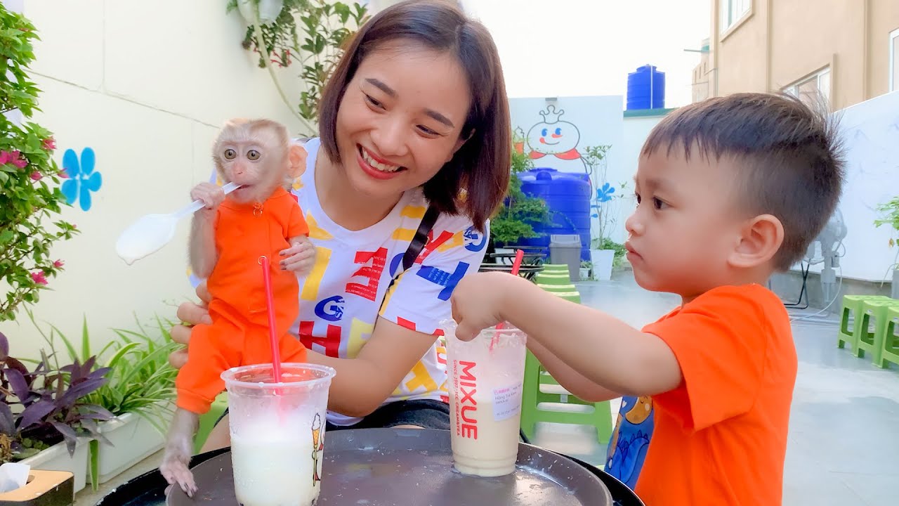 Monkey Puka eats ice cream with Mom and brother