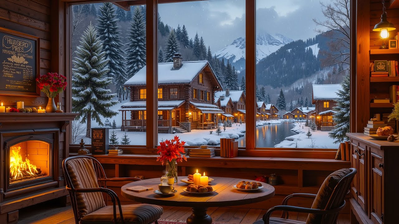 Snowy Cabin Evening by the River | Cozy Jazz for Winter Nights, Relax & Focus