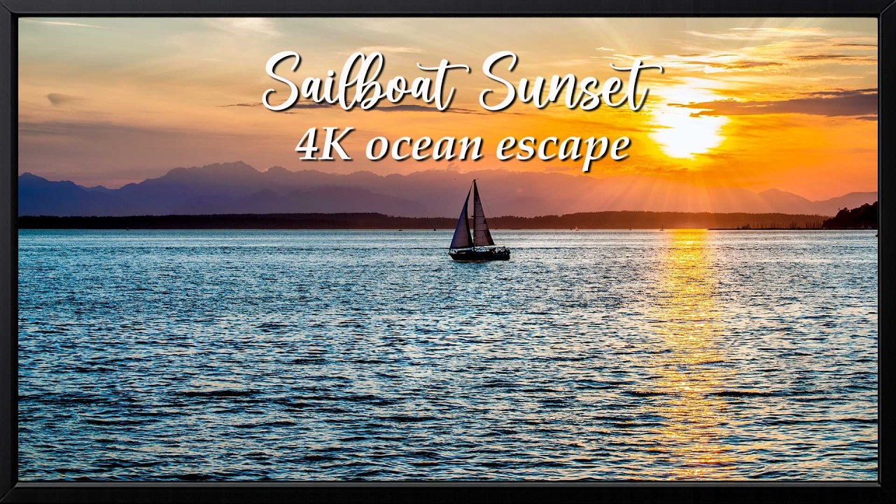 Sailboat at Sunset in 4K | Framed TV Art with Relaxing Ocean Sounds & Soft Music | Ambient Scene