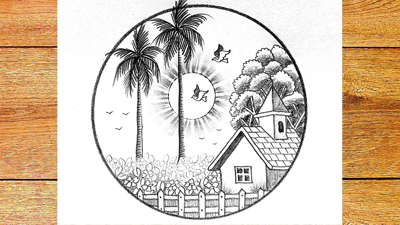 How to drawing beautiful flying birds circle scenery