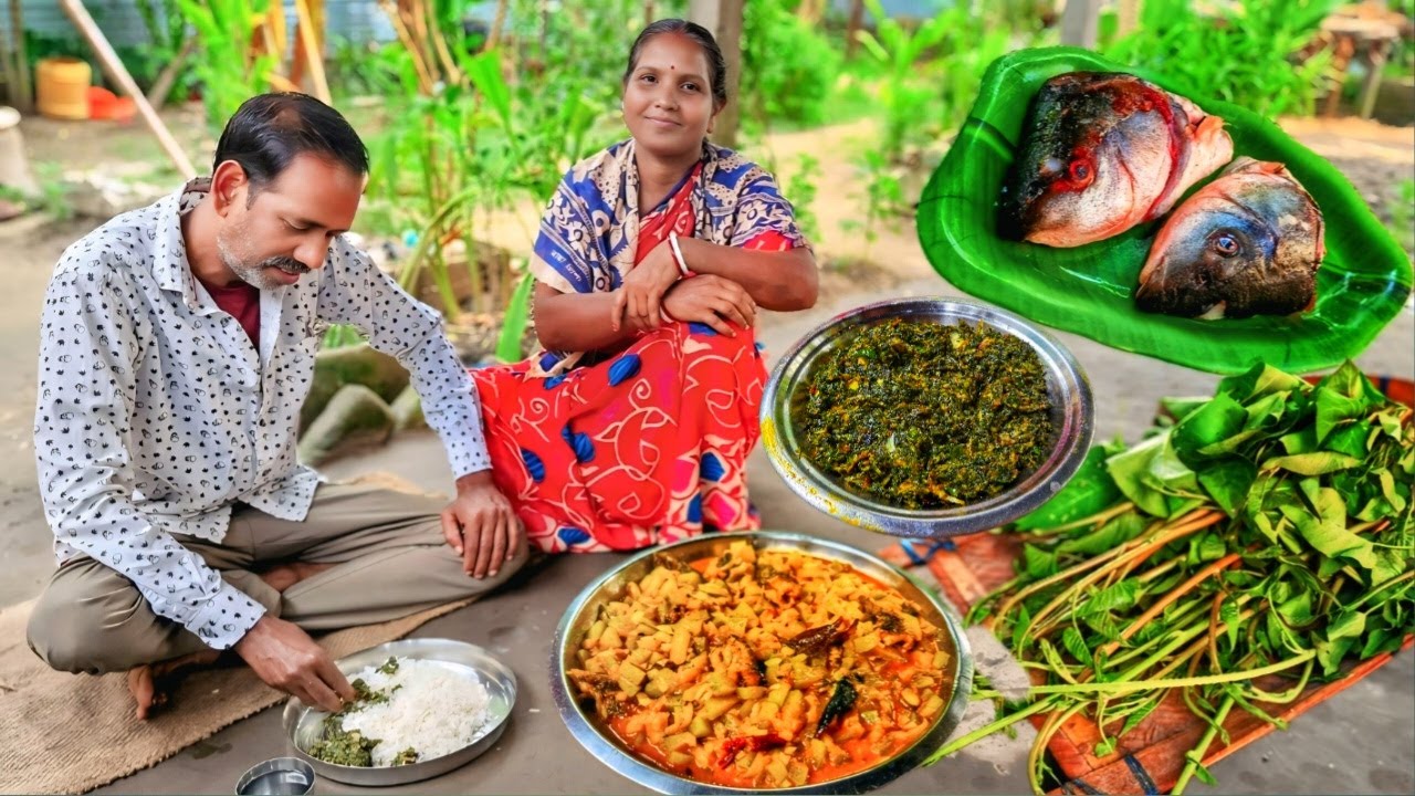 “রুই মুড়ো কলমি শাকের ঘন্ট 😋 আর লাউ দিয়ে খেতের দেশি টাকি মাছের রান্না | Bengali Village Cooking”