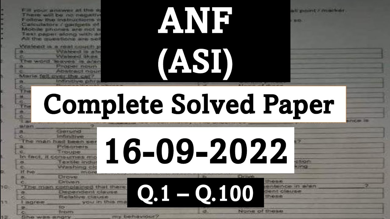 Today ANF ASI Full Solved Paper Key (16-09-2022) | anf asi complete solved test key 16-09-2022