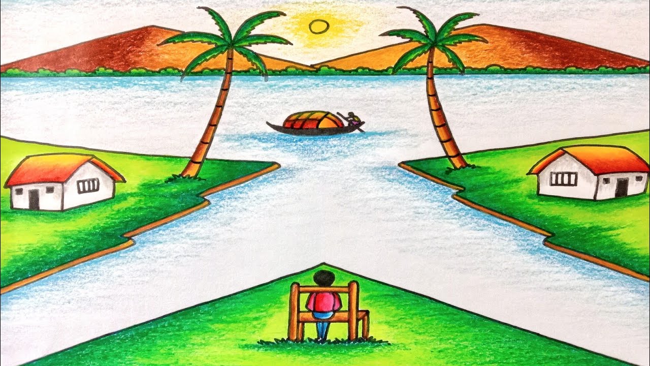 how to draw beautiful village scenery drawing step by step with river / easy drawing