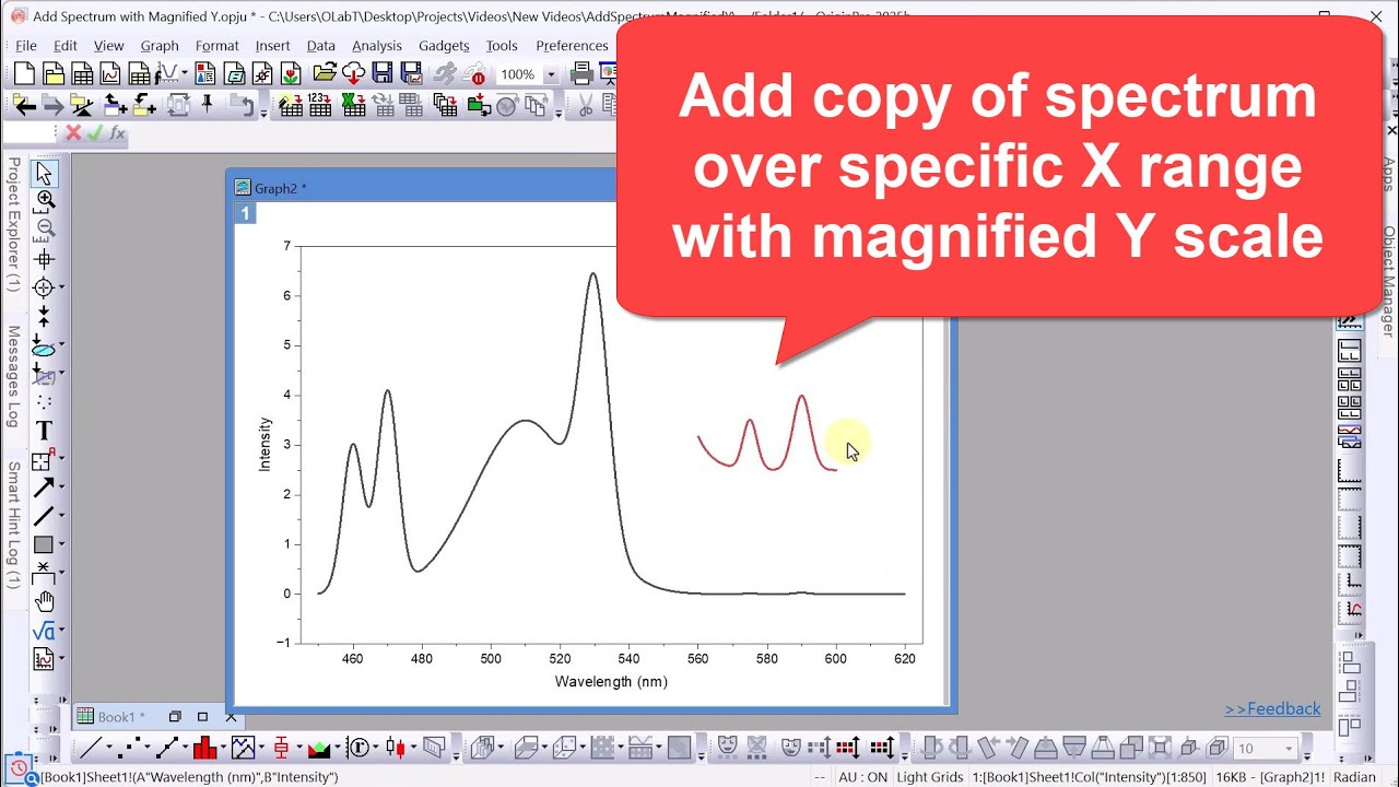 Add a copy of a spectrum over specific X range with magnified Y scale