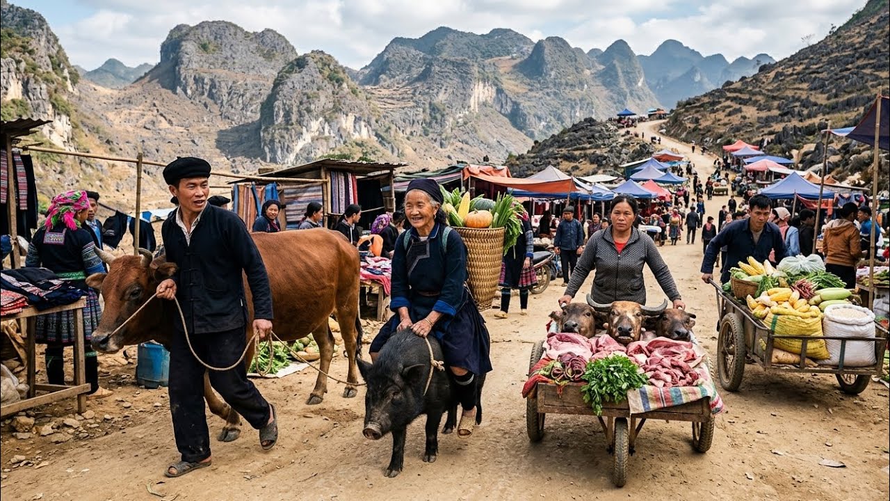 Inside a Traditional Mountain Market | Villagers Selling Fresh Produce, Pigs and Cattle